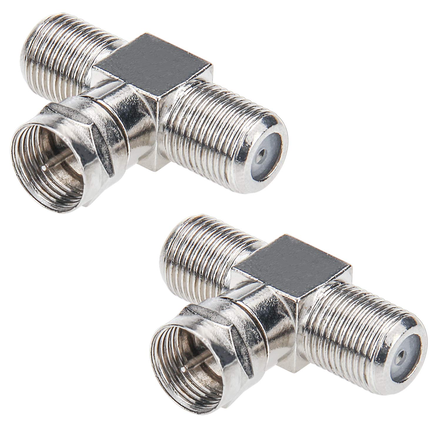 RFAdapter Coaxial Cable Splitter, TV Splitter 2 in 1 Out 2-Pack F Type RG6 Male to 2 F Female 3 Way Cable Splitter Coax T Connector Adapter for Video VCR Antenna Cable Satellite
