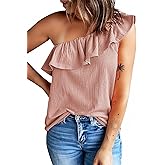 Dokotoo Womens One Shoulder Tops Ruffled Solid Tunic Shirts Sleeveless Loose Tank Top