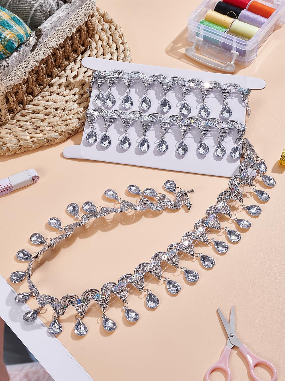 Photo 1 of 1.5M Polyester Tassel Lace Ribbon, Sparkle Paillette Trim with Plastic Rhinestone Fringe Trimming Silver Fabric for Decoration Package DIY Sewing Craft Supply, 1-7/8 inch(48.5mm)