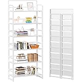 4NM No Assembly 6 Tiers Folding Bookshelf Storage Shelves Vintage Bookcase Standing Racks Study Organizer Home Office (All White)