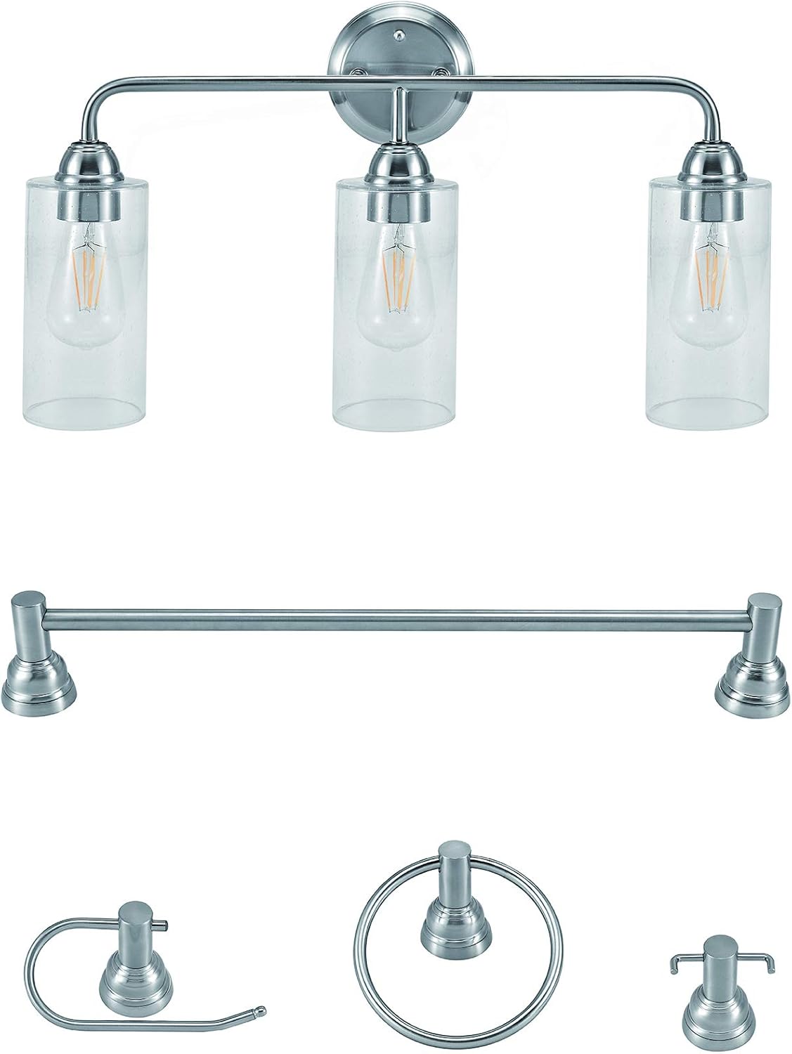 Addington Park 31791 Echo Collection All-in- One Bath Set, Includes 3-Light Vanity, Bar, Toilet Paper Holder, Towel Ring, and Robe Hook, Transitional, Brushed Nickel Finish