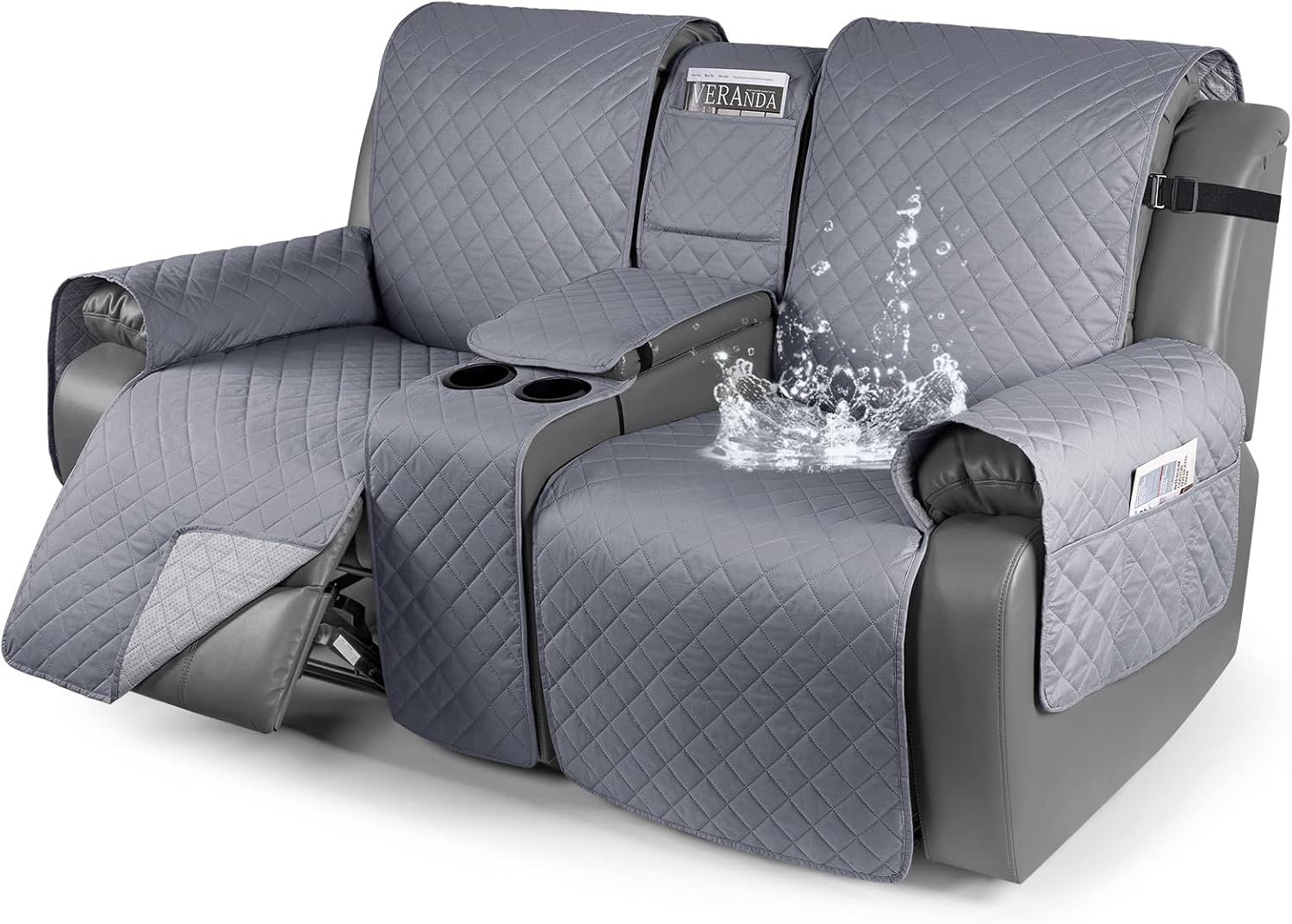 Slipcovers - KinCam 100% Waterproof Recliner Loveseat Cover with Console, Non-Slip Reclining Couch Covers for 2 Seat, Recliner Sofa Cover Furniture Protector with Elastic Straps for Kids, Pets, Dark Gray