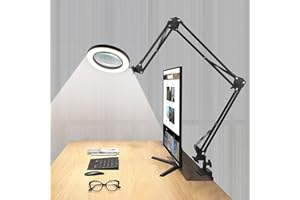 NOEVSBIG Magnifying Glass Desk Lamp with 3-Section Swing Arm and Big Clamp, Magnifying Glass with Light and Stand, 10X Wide Desk Magnifier Light for Reading/Office/Crafting/Close Work