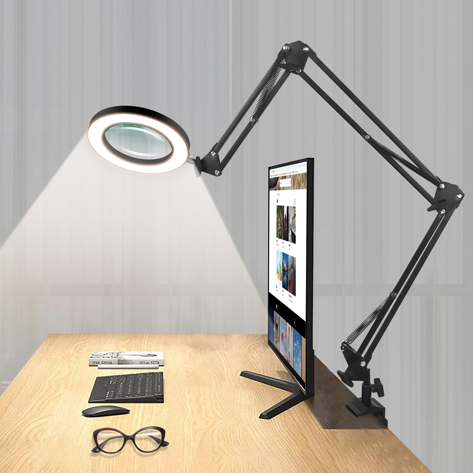Photo 1 of NOEVSBIG Magnifying Glass Desk Lamp with 3-Section Swing Arm and Big Clamp, Magnifying Glass with Light and Stand, 10X Wide Desk Magnifier Light for Reading/Office/Crafting/Close Work