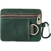 Men Genuine Top Grain Cow Leather Coin Purse with Key Ring &amp; Clip. Retro Slim Minimalist Wallet Card Case (Green).
