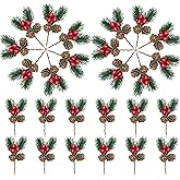 YGbridge Christmas Floral Picks, 30Pcs Pine Cone Holly Berry Stems for Crafts, Artificial Christmas Picks and Sprays, Red Berry Branches Greenery for Christmas Home Decor, Garland, Wreath (30)