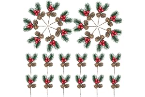 YGbridge Christmas Floral Picks, 30Pcs Pine Cone Holly Berry Stems for Crafts, Artificial Christmas Picks and Sprays, Red Berry Branches Greenery for Christmas Home Decor, Garland, Wreath (30)