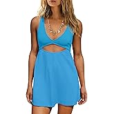 ReachMe Womens Cut Out Dresses Short Sleeveles Mini Dress Summer V Neck A Line Dresses Beach Vacation Dress
