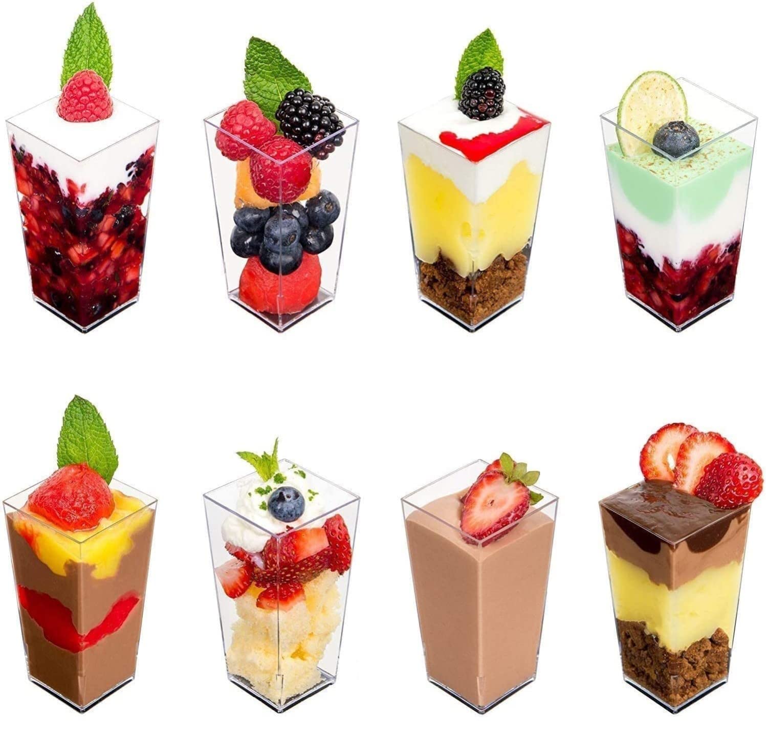KAHEIGN 60Pcs Plastic Dessert Cups, 90ml Square Tall Dessert Cups Clear Parfait Appetizer Cup Reusable Serving Bowl for Dessert Pudding Mousse Party (3.8 x 8.3cm)