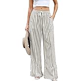 ZAFUL Womens Linen Pants Wide Leg Casual Palazzo Pants Striped Casual Drawstring Elastic Waisted Lounge Trousers with Pockets