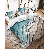 Duvet Cover Set California King Size Teal Blue Modern Geometric Comforter Sets 3 Pieces, Turquoise Brown Abstract Ocean Waves Bedding Set with Zipper Closure and 2 Pillow Cases, Soft Bed Covers Decor