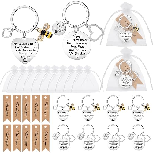 ViEinkaufen 12 Pcs Teacher Keyring Gifts, Metallic Appreciation Keychain with Thank You Cards Organza Bags for Employee Volunteer Nurse Teachers(Bee)