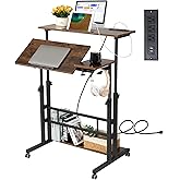 Hadulcet Mobile Standing Desk Adjustable Height, Rolling Desk Stand Up Desk, Mobile Laptop Desk, Rolling Computer Desk with Charging Station, Portable Desk with Wheels, Rustic Brown