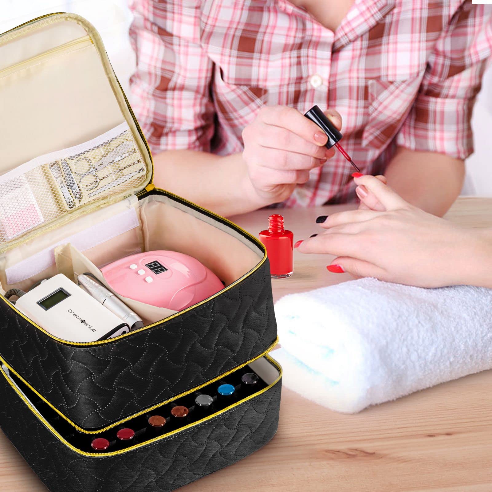 DreamGenius Nail Polish Organizer Case Holds 42 Bottles, Portable Double-Layer Nail Polish Storage Bag with Adjustable Dividers for Manicure Tools, Black