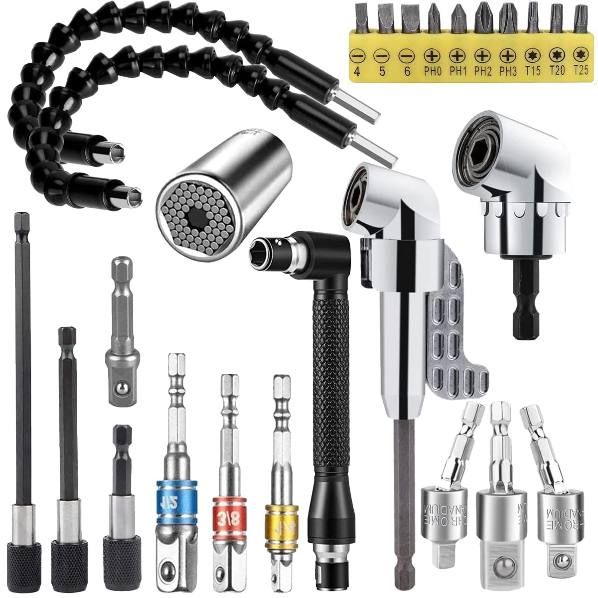 EDIONS 26 PCS Flexible Drill Bit Extension Set with 2 PCS 105°Angle Drill Bit Extension, 1/2 3/8 1/4 inch Universal Socket Adapter & Drill Bit Holder & Universal Socket Grip & Screwdriver Bit Kit
