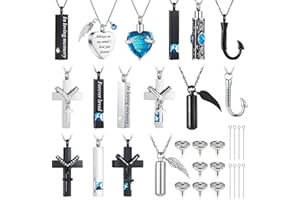 Huquary 16 Pcs Urn Necklace for Ashes Waterproof Stainless Steel Carved Ashes Locket with 8 Filling Kit Heart Cylinder Cross Cubic Fish Hook Jewelry for Ashes with Wing Diamond for Men Women