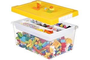 loobuu Plastic Storage Bins with Lids - 1 Set Stackable Arts Crafts Organizer Box with Removable Divided Tray &Compatible Building Baseplate,Toy Chest Containers for Bricks-Yellow(14.37"x9.64"x6.69")