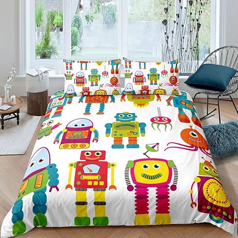 Amazon Com Erosebridal Cartoon Robot Bedding Set Full Size Kids Outer Space Duvet Cover Set Rainbow Robot Future Theme Toys With Smiling Faces Pattern Comforter Cover Set Boys Girls Bedroom Decorative Bedspread Home