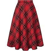 Belle Poque Women Plaid Skirt with Pockets Midi Length High Elastic Waisted Vintage A Line Fall Winter Skirts for Work