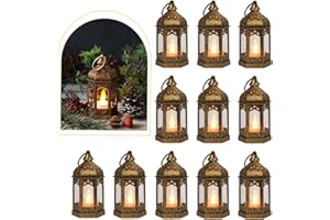 LLQ 8Pcs Mini Lantern with LED Tealight, Vintage Brown Lanterns Decorative, Hanging Candle Lanterns for Ramadan Christmas Wedding Table Centerpiece Indian Diwali Decor, Garden Fairy Party Decorations