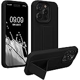 kwmobile Case Compatible with iPhone 15 Pro Max - Case with Hand Strap and Stand Soft TPU Silicone Coating - Black