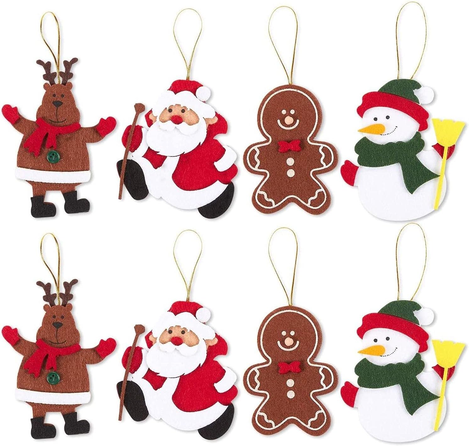 Felt Christmas Ornaments, Reindeer, Santa Claus, Gingerbread Man, Snowman (8 Pack)