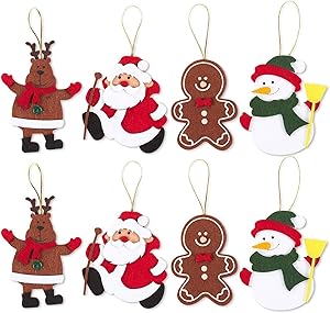 Felt Christmas Ornaments, Reindeer, Santa Claus, Gingerbread Man, Snowman (8 Pack)