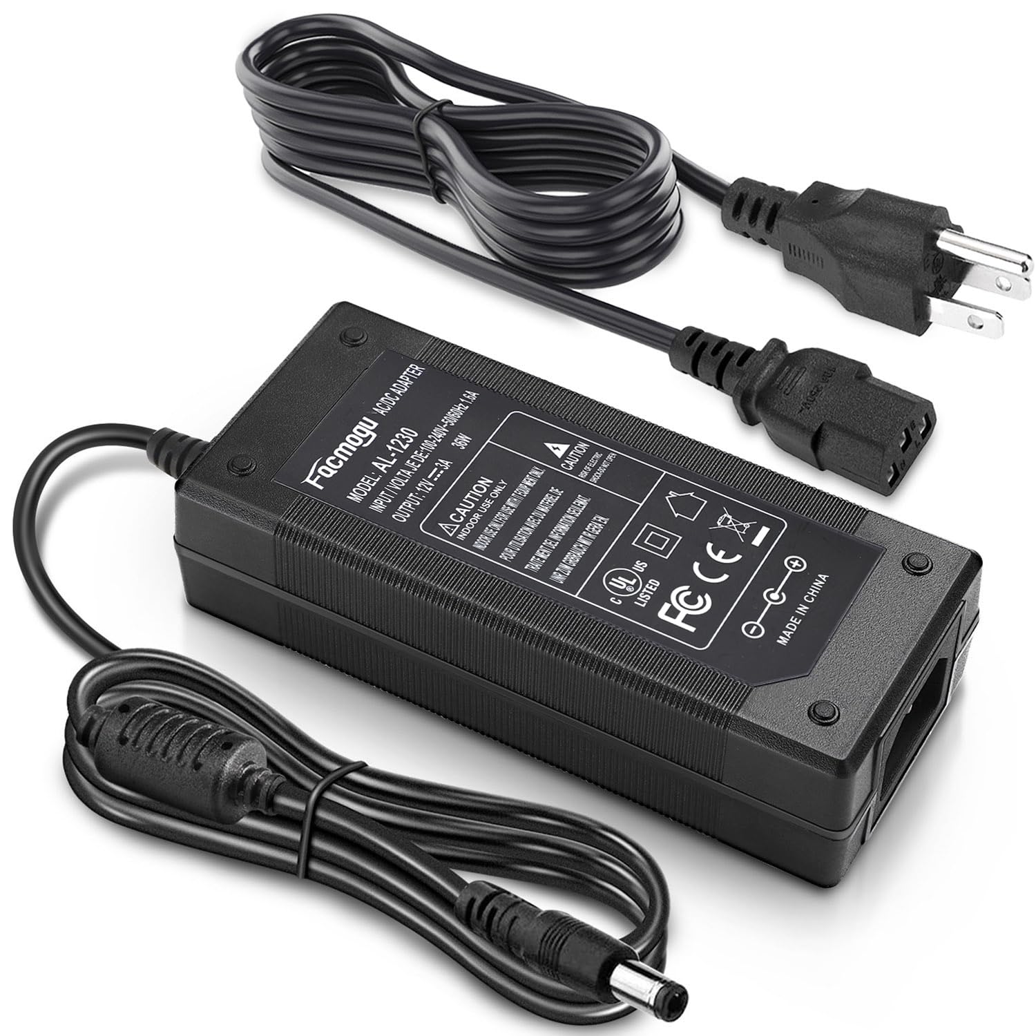 Photo 1 of Facmogu 3 Prong DC 12V 3A 36W AC to DC Power Adapter, Desktop Adpater with 5.5x2.1mm & 2.5mm, 12V Power Switching Transformer, 12 Volt 3 Amp Power Supply Converter with 9.84ft/ 3m in Total Length
