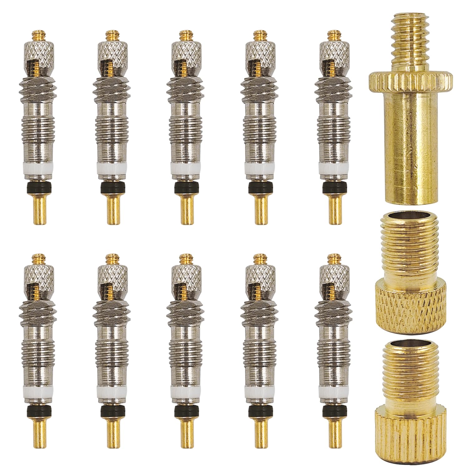 Bike Presta Valve Core Removal Tool, 10 Pcs Presta Valve Core + 3 Pcs Presta Valve Adapter, Replacement Copper Tubeless Core Valve and Inflate Tire Converter Tools Set for Universal Road Bicycle MTB