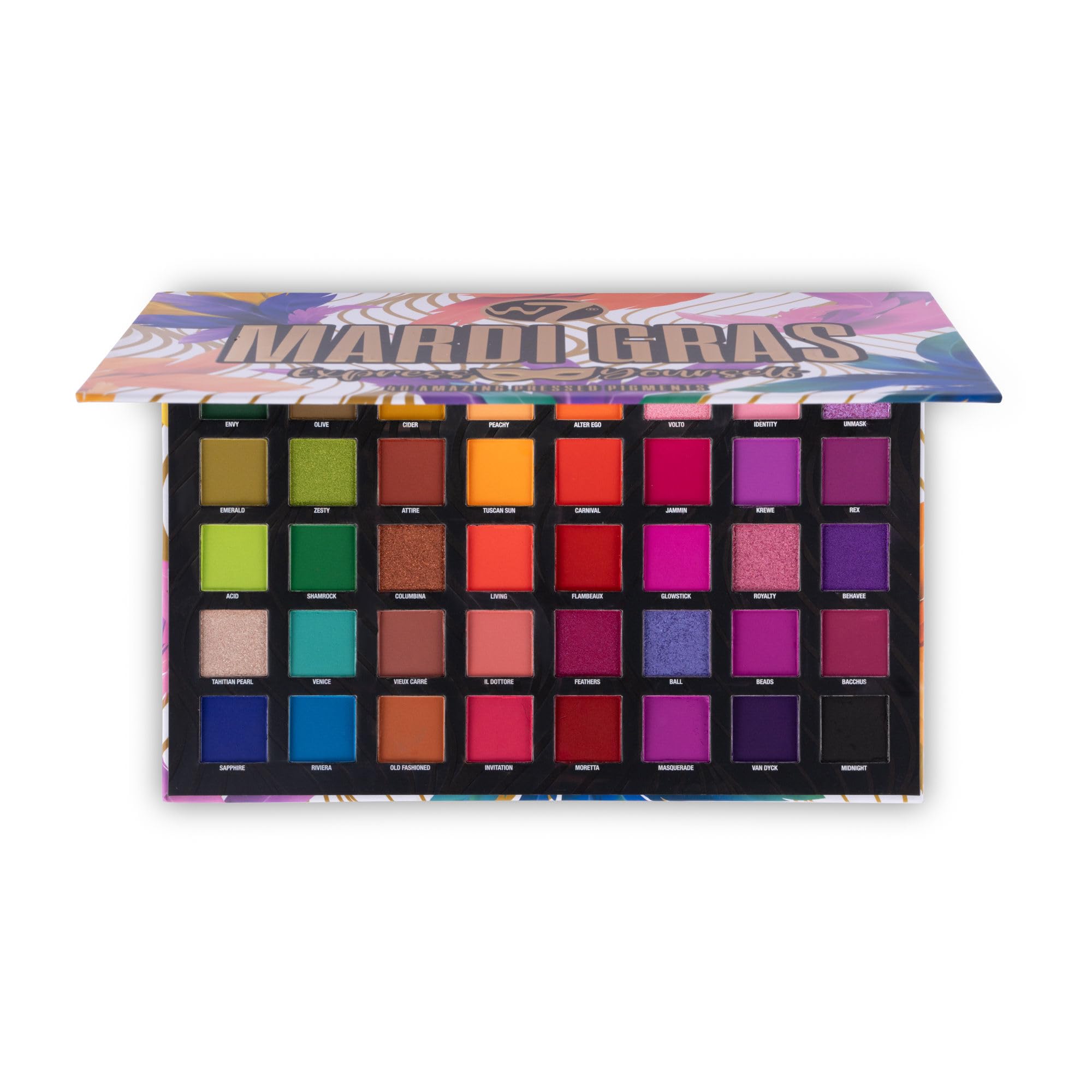 W7 Mardi Gras Pressed Pigment Palette - 40 High Impact Party Colours - Flawless Long-Lasting Bold Makeup
