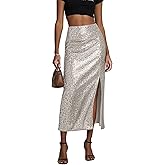 AuInHer Women’s Sequin Skirt Sparkly Sequence Skirt High Waist Slit Glitter Bodycon Midi Cocktail Party Skirt