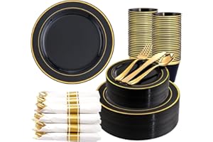 WDF PARTYWARE 350 Pieces Black and Gold Plastic Plates with Disposable Silverware, Include 50 Dinner Plates 9”, 50 Dessert Plates 6.3”, 50 Black Cups 9 OZ, 50 Pre Rolled Napkins for New Year