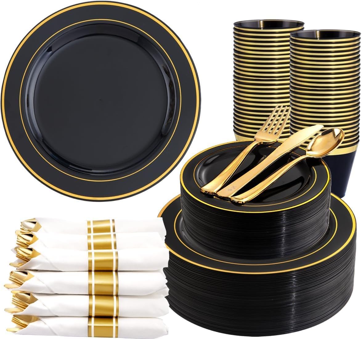 Photo 1 of 350 Pieces Black and Gold Plastic Plates with Disposable Silverware, Include 50 Dinner Plates 9”, 50 Dessert Plates 6.3”, 50 Black Cups 9 OZ, 50 Pre Rolled Napkins for New Year