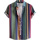 OYOANGLE Men's Color Block Striped Print Short Sleeve Button Up Casual Shirt
