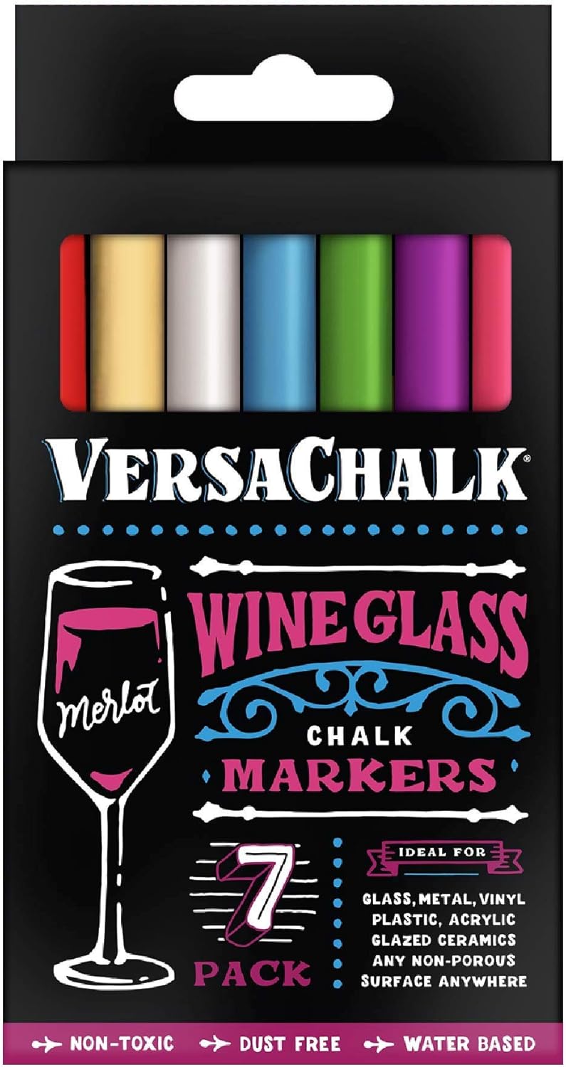 Washable Wine Glass Markers by VersaChalk 7 Vibrant Erasable Colors