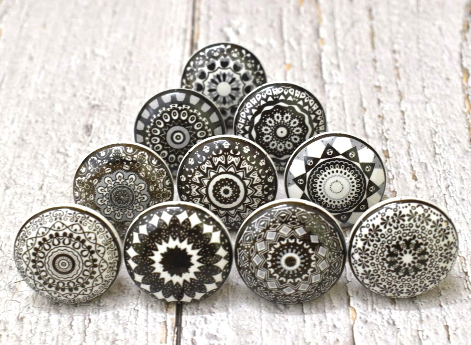 ARTISNO Ceramic Knobs for Cabinets - Set of 10 Black Mixed Design Round Ceramic Knobs Hand Painted Boho Kitchen Cabinet Drawer Knobs | Wardrobe and Dresser Pulls with Glossy Finish — image 1