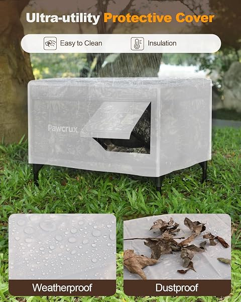 WEATHERPROOF HEATED CAT HOUSE FOR OUTDOOR IN WINTER, HEATED CAT BED KITTY SHELTER WITH CAT HEATING PAD, INSULATED & SAFE ESCAPE DOOR, WARM HOUSE FOR OUTSIDE STRAY CAT(LEAF COLOR, 17.7″X25.5″X17.9″)