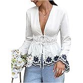 SHENHE Women's Tie Front Deep V Neck Peplum Blouse Long Sleeve Eyelet Embroidered Ruffle Top