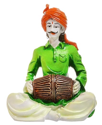 Karigaari Rajasthani Men Playing Dholak Polyresine Idol (15.24 cm x 15.24 cm x 15.24 cm)