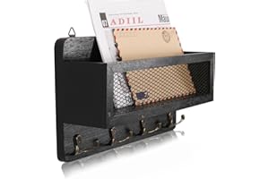 ADIIL Mail and Key Holder for Wall Decorative, Wooden Wall Key Rack Organizer with 4 Double Key Hooks, Wall Mount Key Hanger for Wall with Shelf, Rustic Home Decor for Entryway Hallway, Black