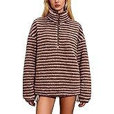 Pivanzore Women's Striped Fleece Jacket Color Block Half Zip Sherpa High Neck Pullover Trendy Oversized Warm Fuzzy Sweatshirt