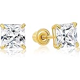 14k Yellow Gold Solitaire Square Princess-cut CZ Stud Earrings with Secure Screw-backs