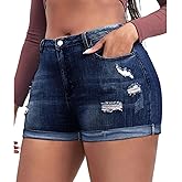 Mimmifib Plus Size Denim Shorts Women High Waisted Ripped Folded Hem Jean Shorts