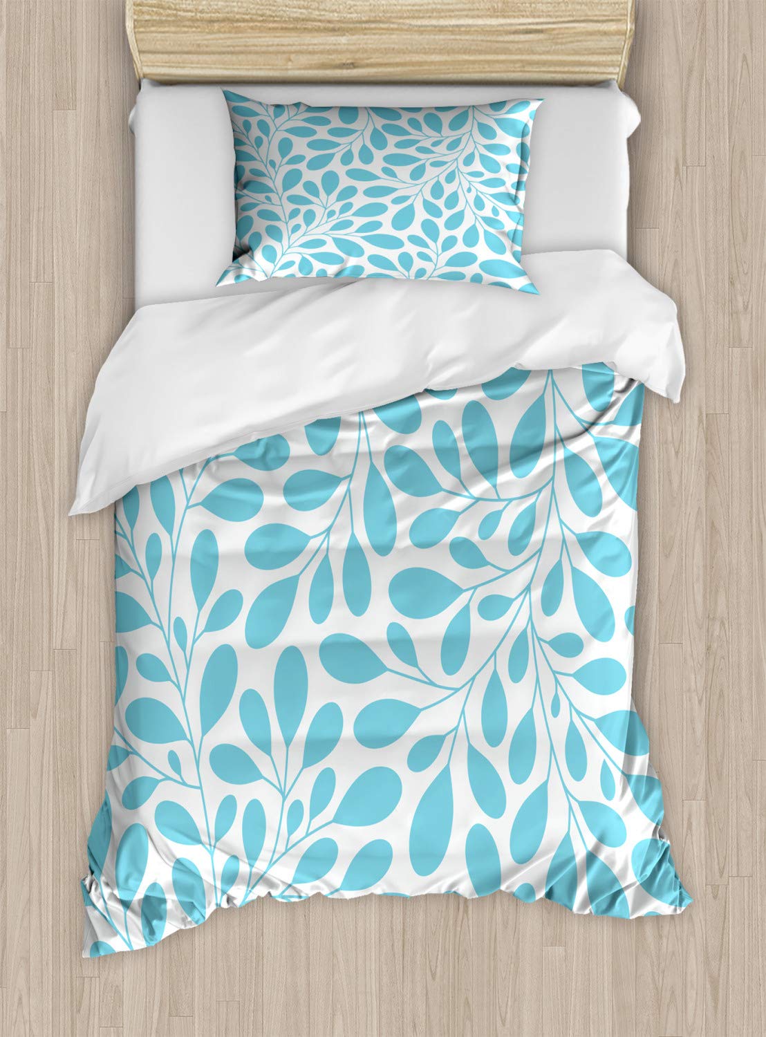 ABAKUHAUS Leaves Duvet Cover Set, Spring Foliage Pattern, Bedding Set 2 Pieces with 1 Pillow Shams, 130 x 200 cm - 70 x 50 cm, Aqua and White — image 1