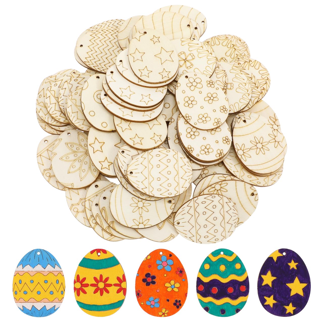 100pcs Unfinished Wood Easter Ornament Unpainted Easter Egg Cutouts Pendant Wooden Pieces Hanging Embellishments Treats Tags with Strings for DIY Craft Decor