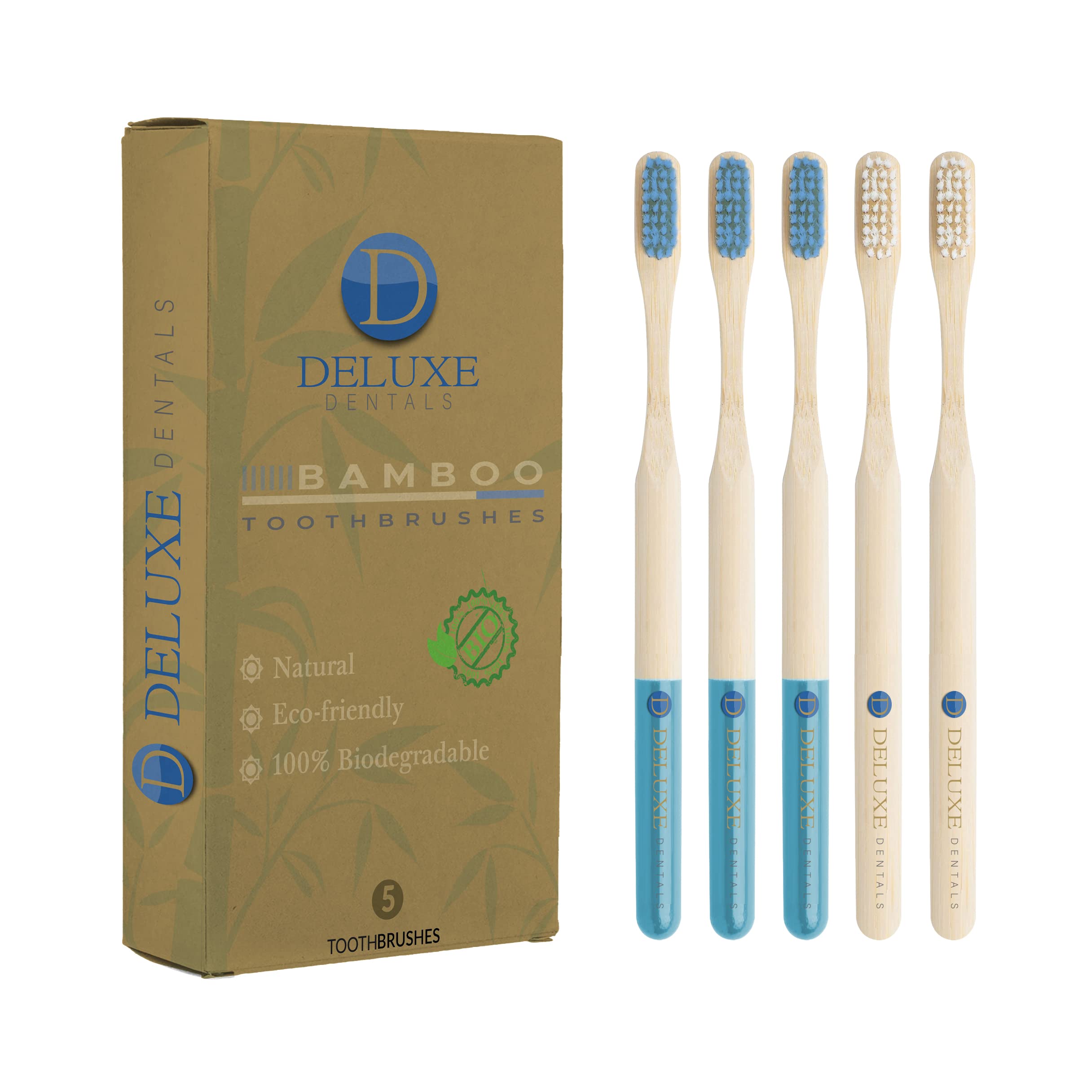 Deluxe Dentals Pack of 5 Bamboo Toothbrushes –Toothbrush for Adults – Medium Soft Nylon Bristles – Durable and Reliable Natural Toothbrush – Deep and Gentle Cleaning – Compact Design