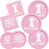 1st Birthday Decorations Girl- Baby Party Supplies Kit for 25 Guests | Includes Dinner & Dessert Plates， Napkins | First Birthday Decorations for Girl