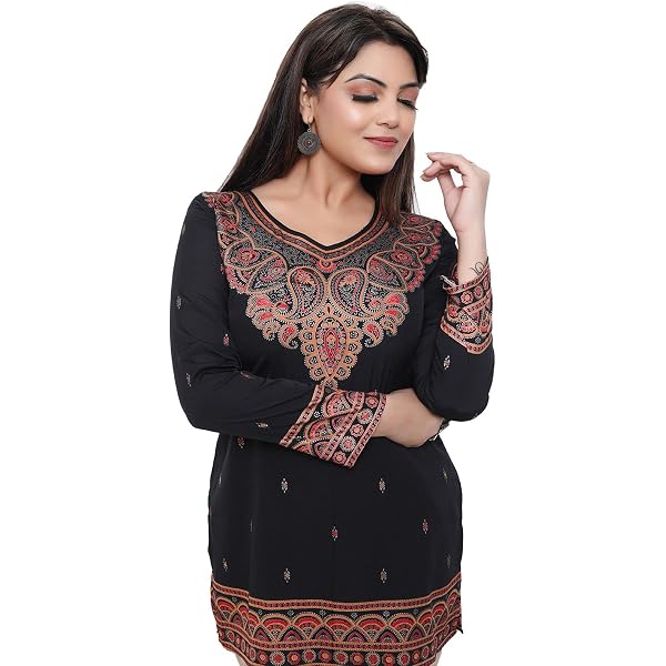 Ladyline Women's Henley V-Neck Tunic Top – Pleated Rayon Kurta With Embroidered Sequins, 3/4 Sleeves - View #3