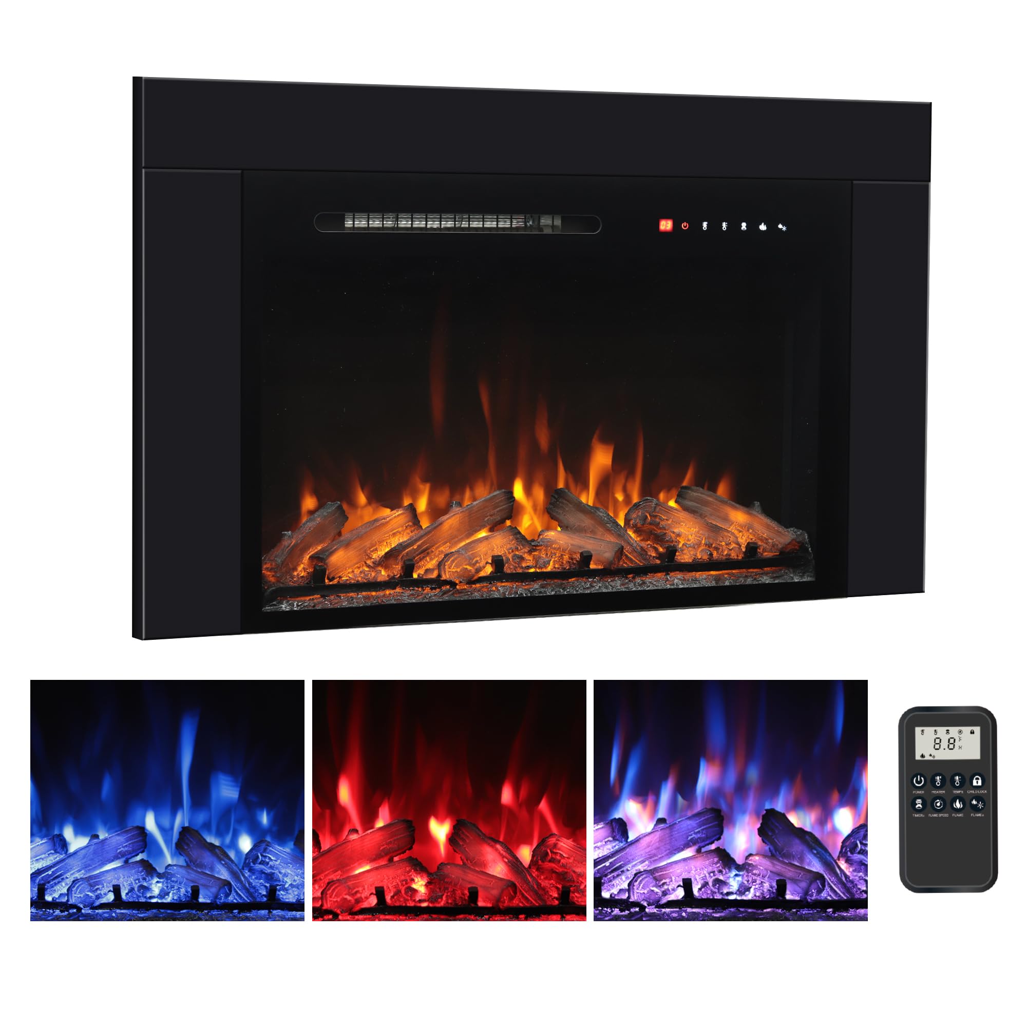 Photo 1 of Oxhark Flame 30 Inches Electric Fireplace Insert with Trim Kit, Wall Mounted & Recessed Electric Fireplace Inserts with 8 Flame Colors, Remote Control, 6 Levels Brightness, 9H Timer, Black, 1500W/750W