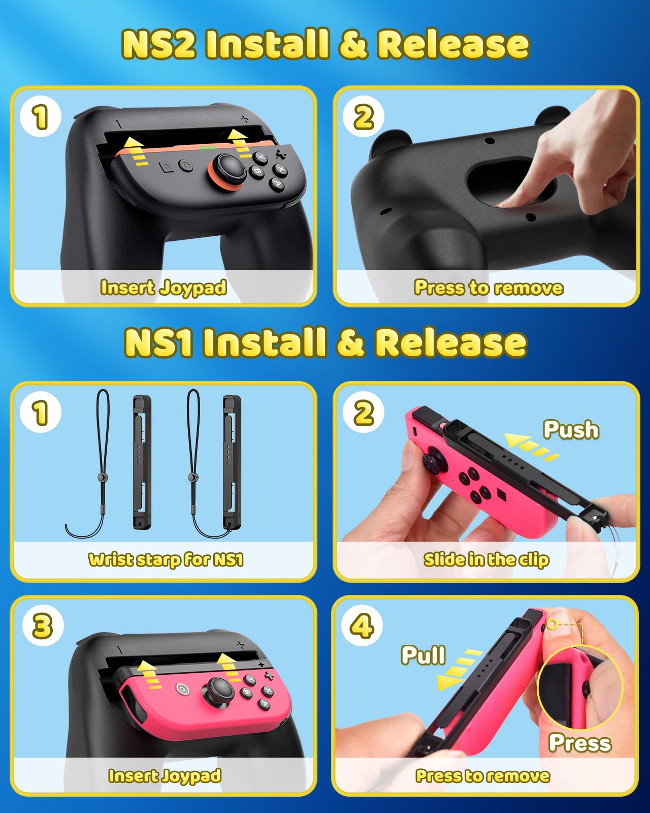 [Both for Switch 2 and 1] FYOUNG Grips for Nintendo Switch 2/1/OLED Controller, Handle Holder for Joycon 2&for Joy con, Dual Size Comfort Ergonomic Grip for Kids&Adults, Family Gaming Accessories